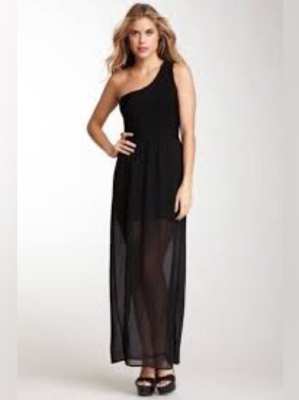 2/$25 Stretta Black One-Shoulder Sheer Maxi Dress